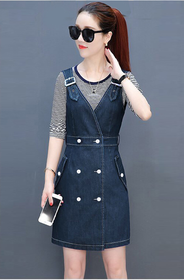 ĐẦM YẾM JEAN CỔ V 2 DÂY CÀI KHOEN PHỐI NÚT TRẰNG